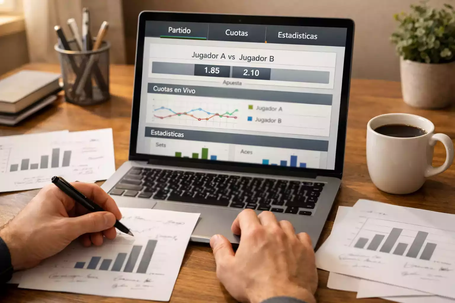 Persona revisando estadísticas de partidos de tenis en documentos y pantalla
