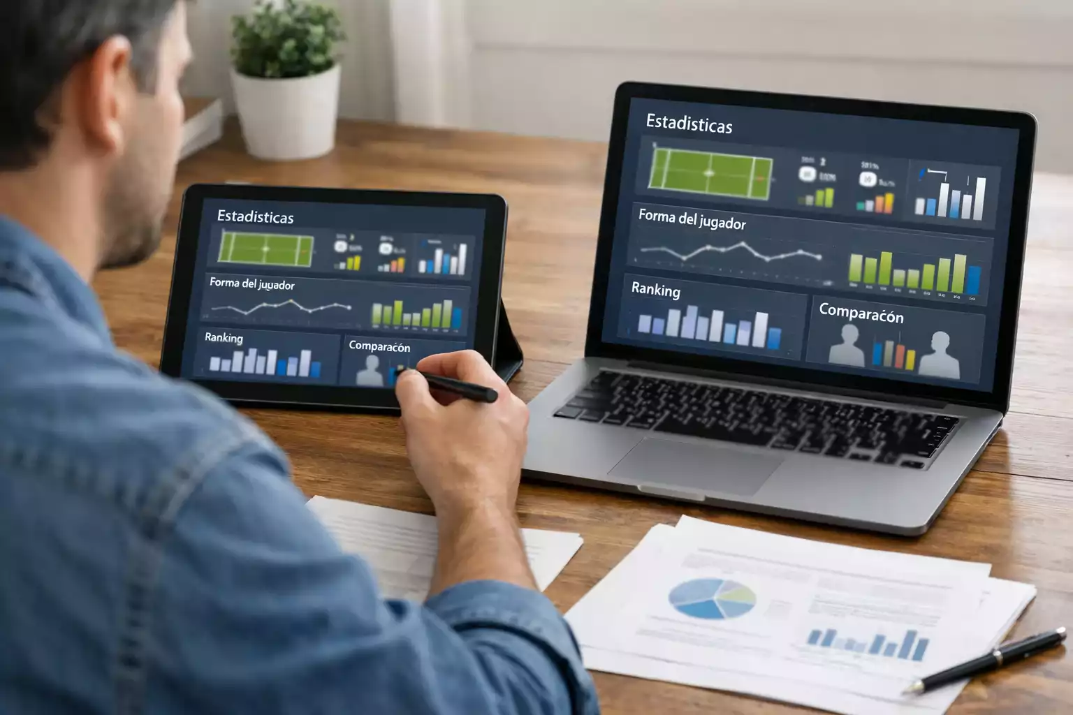 Analista deportivo revisando estadísticas de tenistas en una tablet junto a documentos impresos