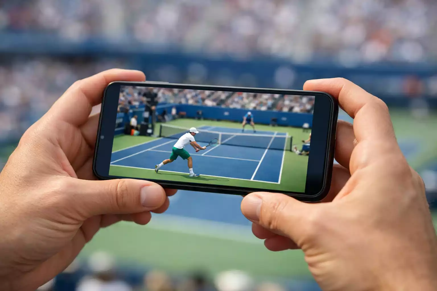 Aficionado siguiendo partido de tenis en directo desde el móvil en la grada