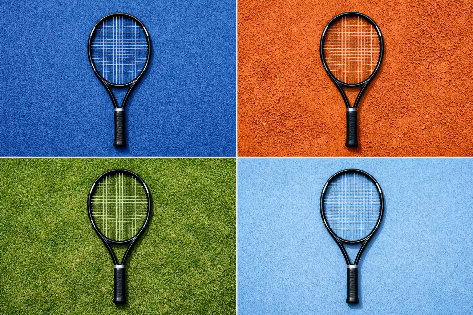 Cuatro raquetas de tenis colocadas sobre diferentes superficies representando cada Grand Slam