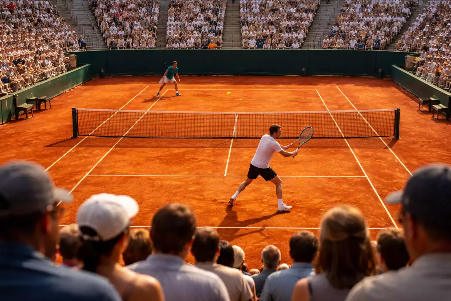 Partido de tenis visto desde las gradas con dos jugadores en acción sobre pista de tierra batida