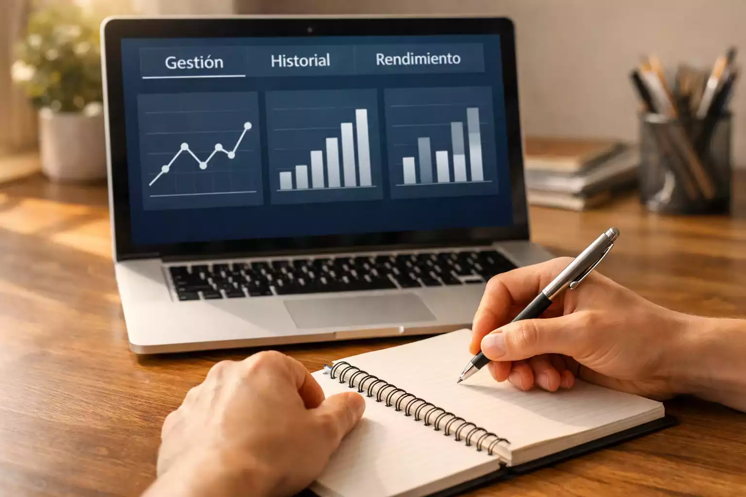Persona tomando notas en un cuaderno con un portátil mostrando datos deportivos