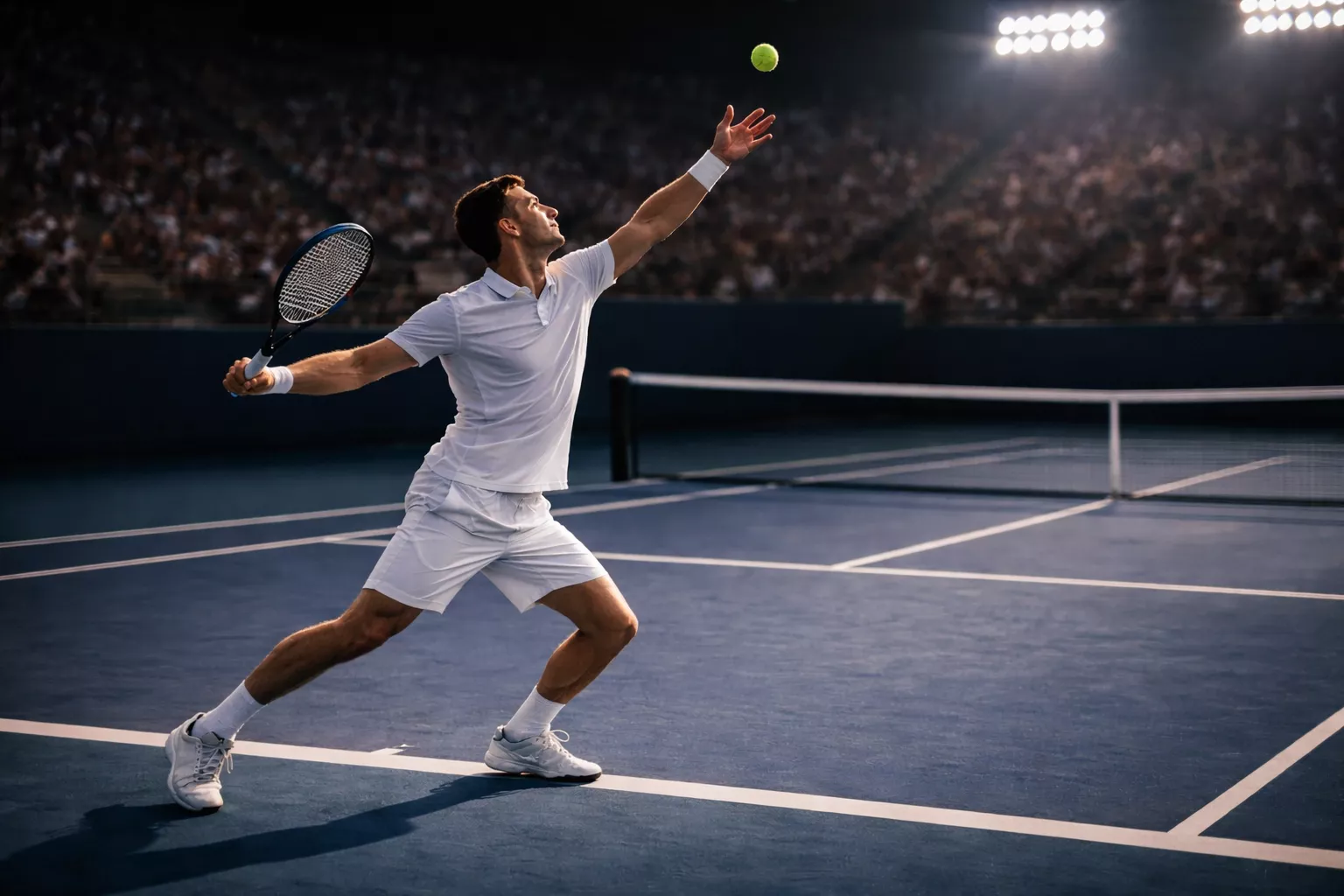 Partido de tenis profesional en pista dura bajo iluminación de estadio