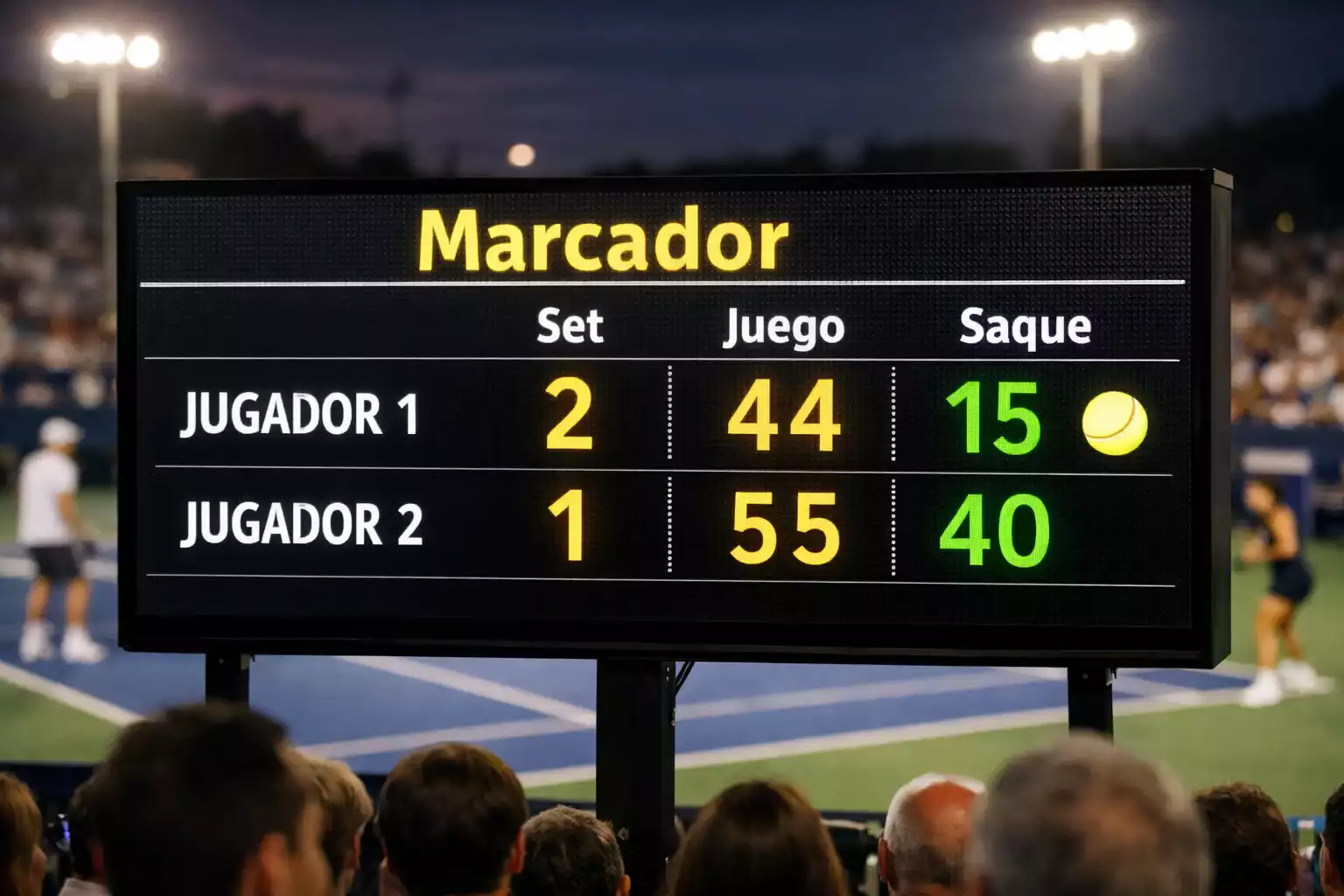 Marcador electrónico mostrando resultado de partido de tenis