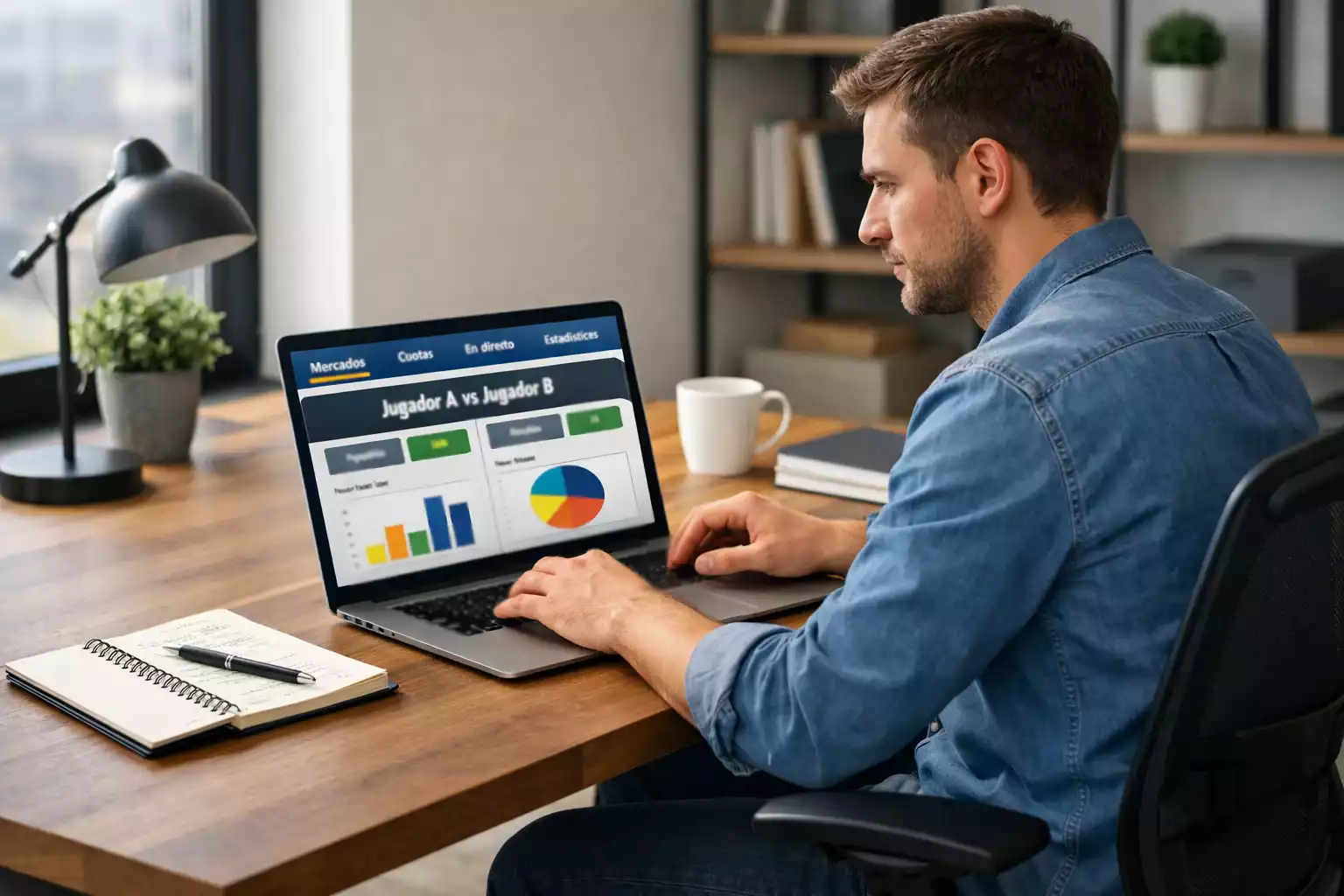 Analista revisando estadísticas de tenis en ordenador portátil