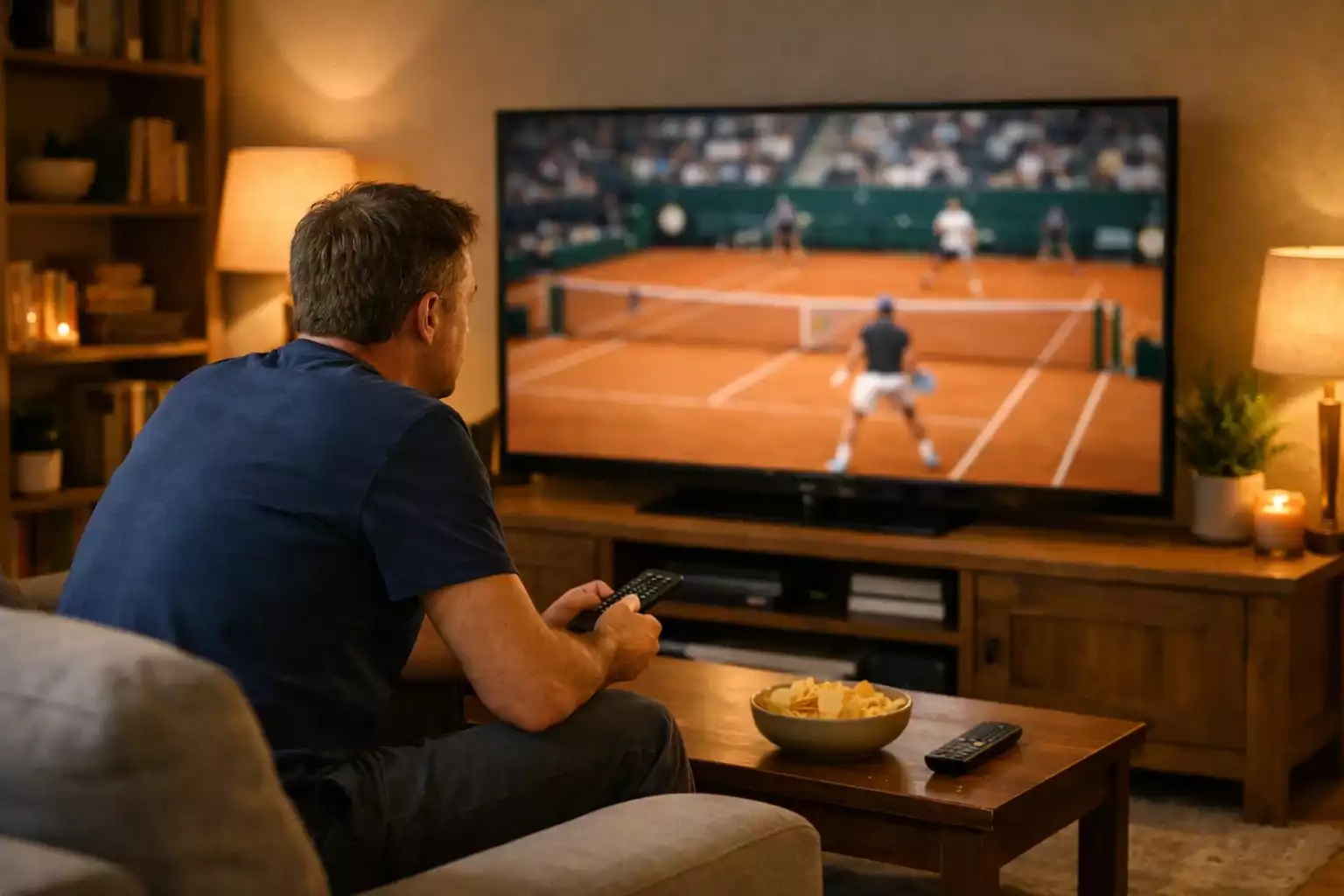 Aficionado concentrado viendo partido de tenis en televisión