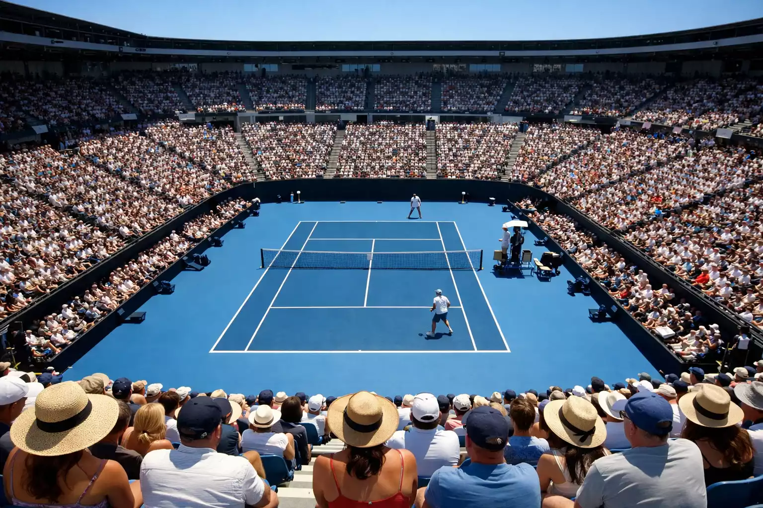 Estadio de tenis bajo el intenso sol australiano con público en las gradas y jugadores en pista dura azul