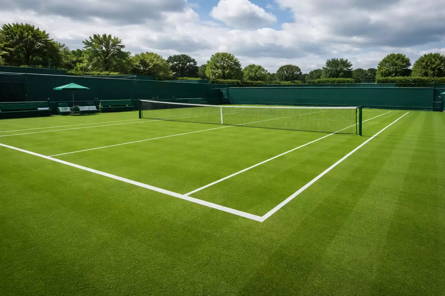 Cancha de tenis sobre césped verde con líneas blancas perfectamente marcadas