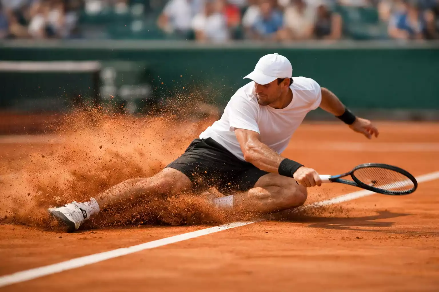 Tenista deslizándose sobre la arcilla naranja de Roland Garros durante un intercambio de fondo