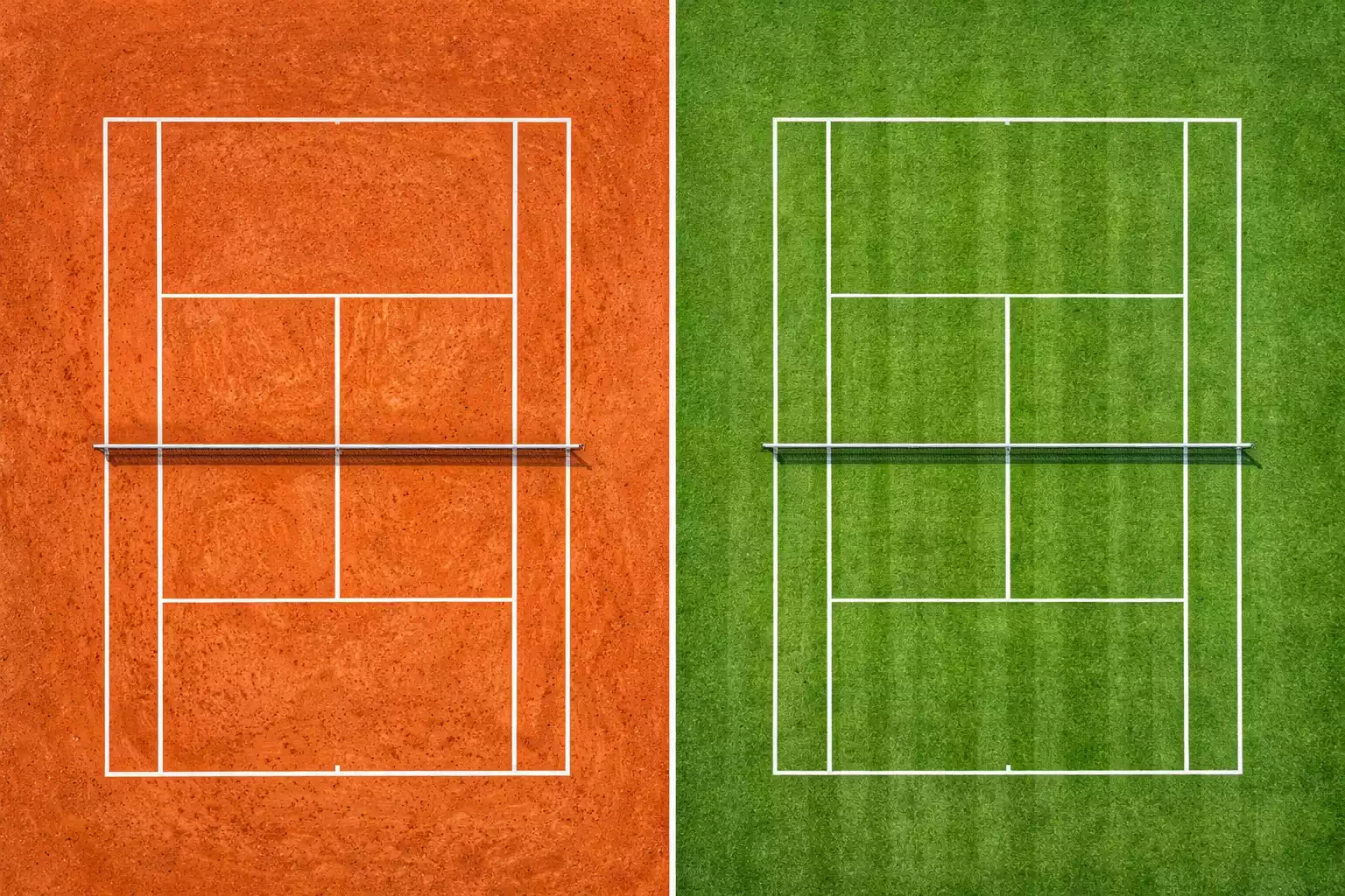 Vista aérea comparativa de una pista de tierra batida naranja junto a una pista de hierba verde