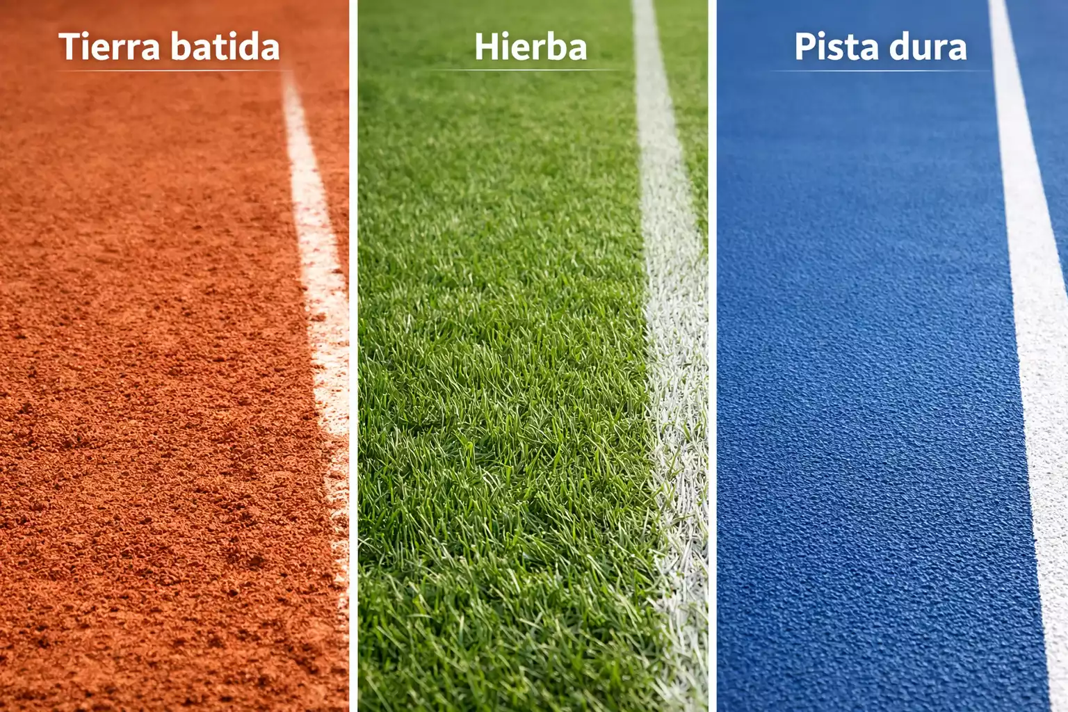 Vista comparativa de las tres superficies de tenis: tierra batida, hierba y pista dura