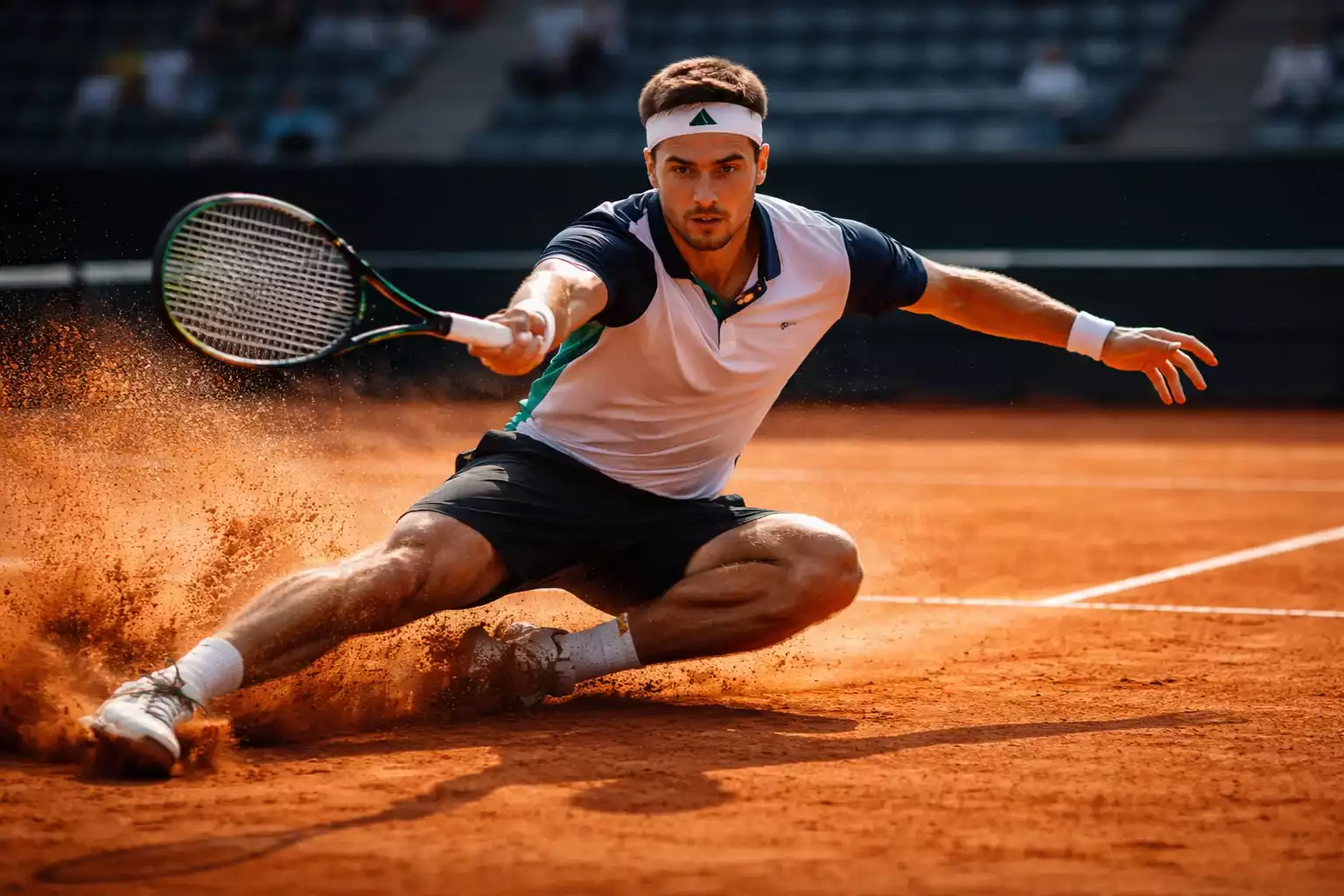 Tenista deslizándose sobre tierra batida naranja durante un partido