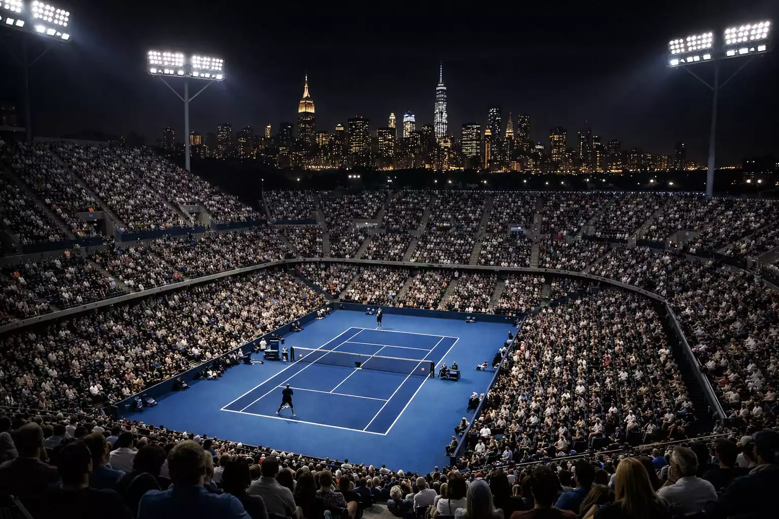 Arthur Ashe Stadium iluminado de noche con las luces de Nueva York al fondo